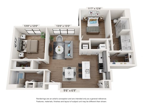 Floor plan for 2 beds, 2 baths, 1173 sqft
